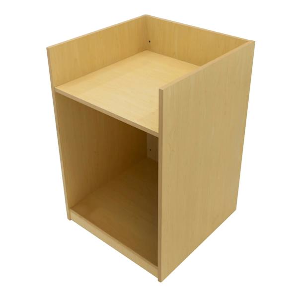 Luna LED shop counter set in maple finish, featuring a sleek design with two open shelves and a smooth, light wood texture