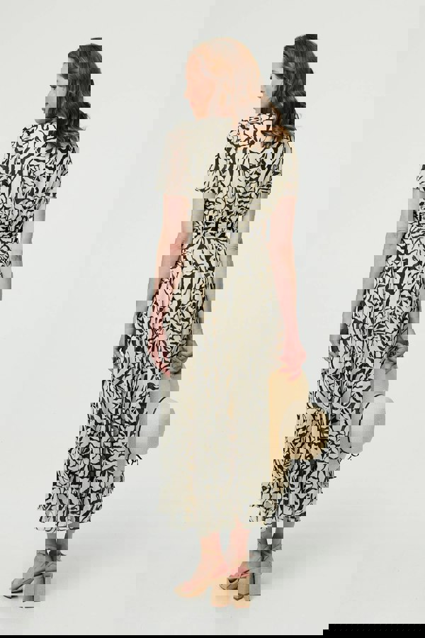 White | Printed Ruched Front V-Neck Midi Dress
