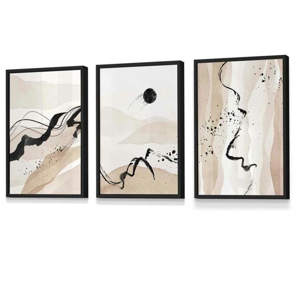 Set of 3 Abstract Beige and Black Landscape Wall Art Prints / Framed | Artze Wall Art UK
