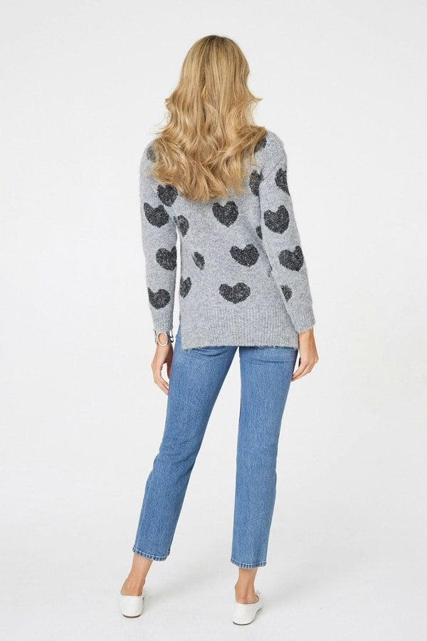 Grey | Heart Print Texture Drop Shoulder Jumper
