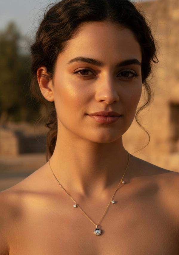 Woman wearing an evil eye pendant necklace with a blurred natural background