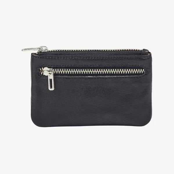 Black real leather coin purse with twin zip compartments