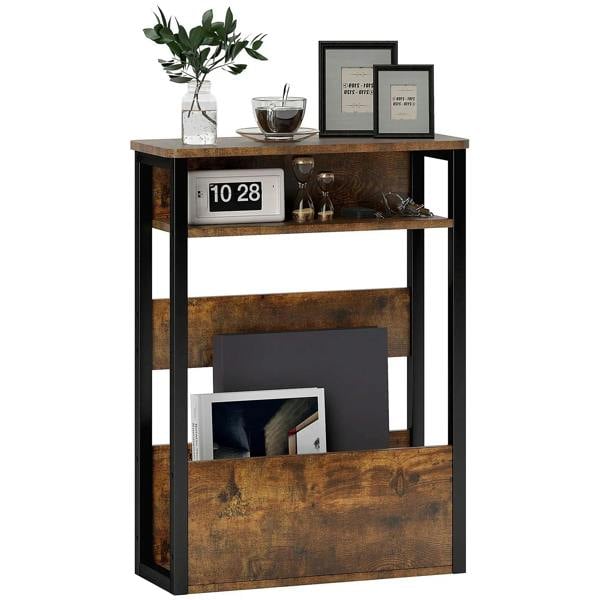 Industrial side table with black metal frame and rustic brown open shelves, lower cabinet.