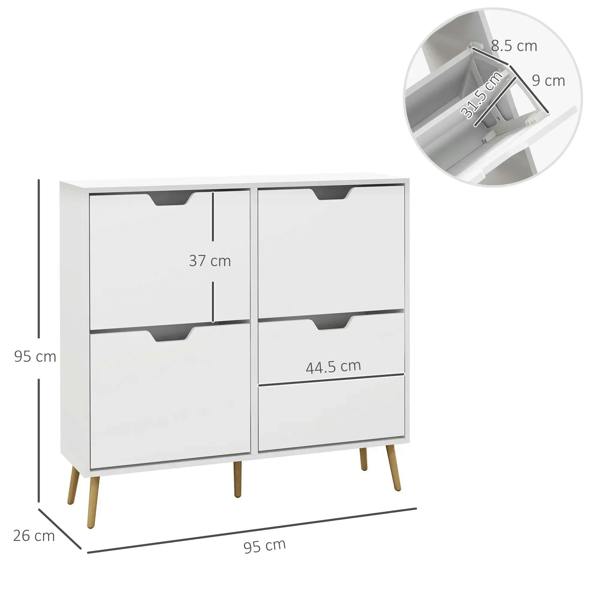 White shoe storage cabinet with four flip drawers, shown with size measurements