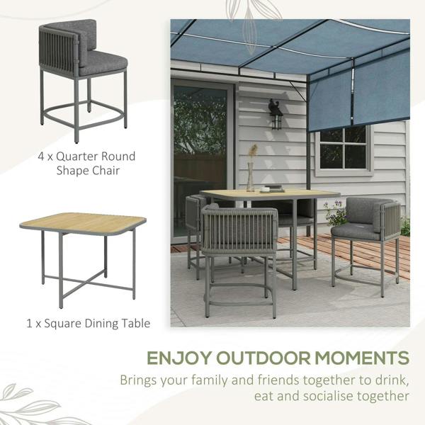 Grey rattan cube outdoor dining set with square table and four cushioned chairs
