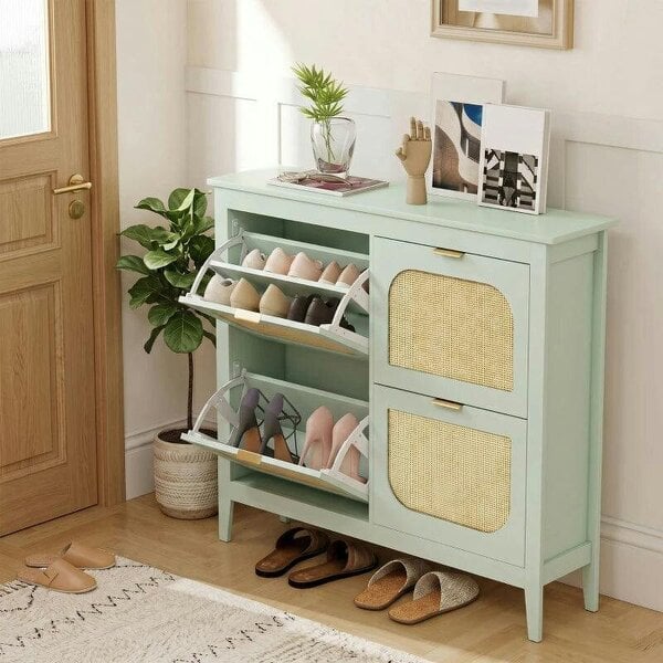 Bobobiy Narrow Shoe Cabinet, Boho Slim Shoe Storage Cabinet with 4 Flip Drawers, Holds 20 Pairs, Light Green