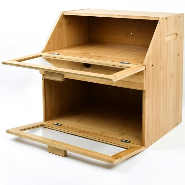 Large Bamboo 3 Compartment Bread Bin Open