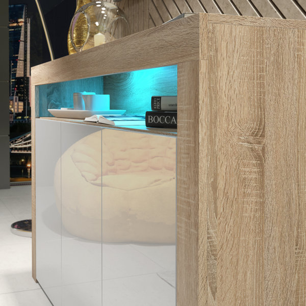 Mex Furniture 155cm Sideboard TV Stand Cupboard Cabinet - White High Gloss Doors & Free LED
