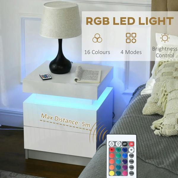White RGB LED bedside table with multicolor light and included remote control