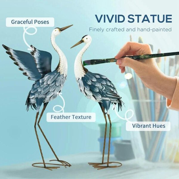 Heron Garden Statues, Standing Garden Ornament, Metal Garden Gift with Stakes, Blue & White