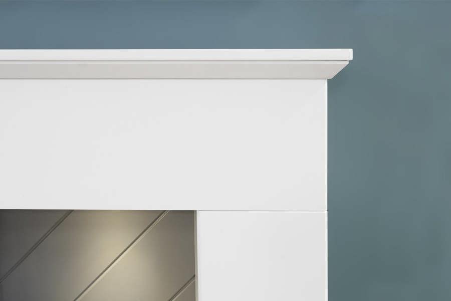 Adam Corinth Stove Fireplace in Pure White & Grey with Downlights & OKO S2 Bio Ethanol Stove in Charcoal Grey, 48 Inch