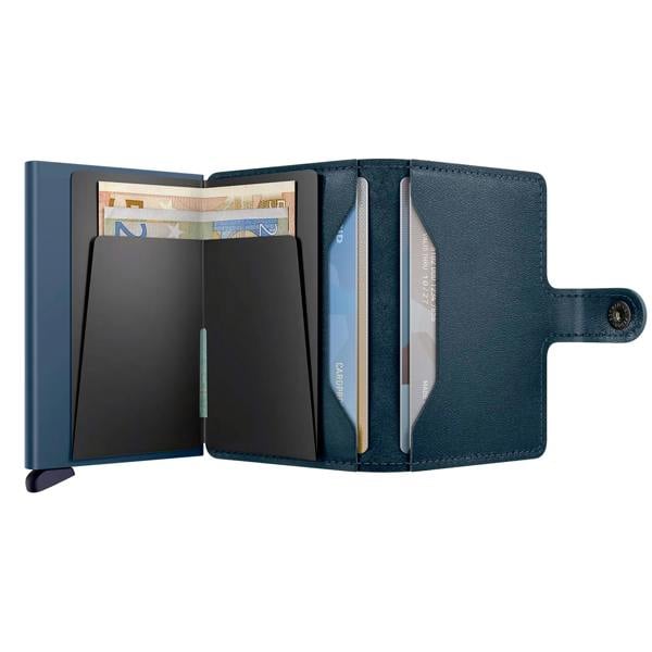 Blue wallet with card slots and cash compartment on a white background