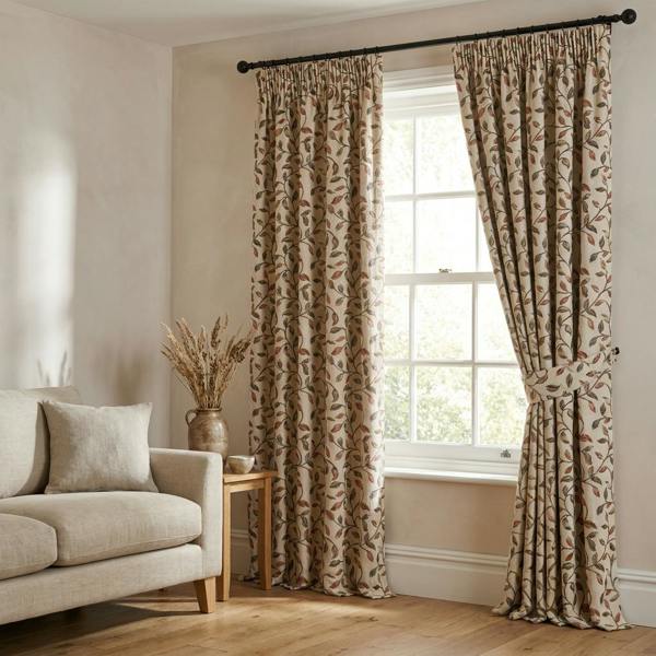 Kew made-to-measure curtains in Terracotta, styled in a living room