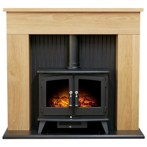 Adam Innsbruck Stove Fireplace in Oak with Woodhouse Electric Stove in Black, 45  Inch