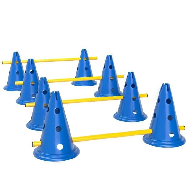 Blue dog agility cone and pole set with yellow jump bars