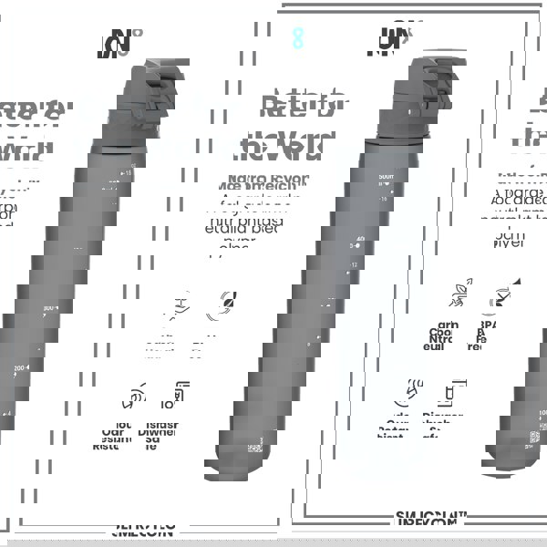 A gray water bottle sits against a white background. The bottle is made from a plant-based polymer and is BPA-free, carbon-neutral, odour-resistant, and dishwasher-safe. Measurements in milliliters and ounces are printed on its side.