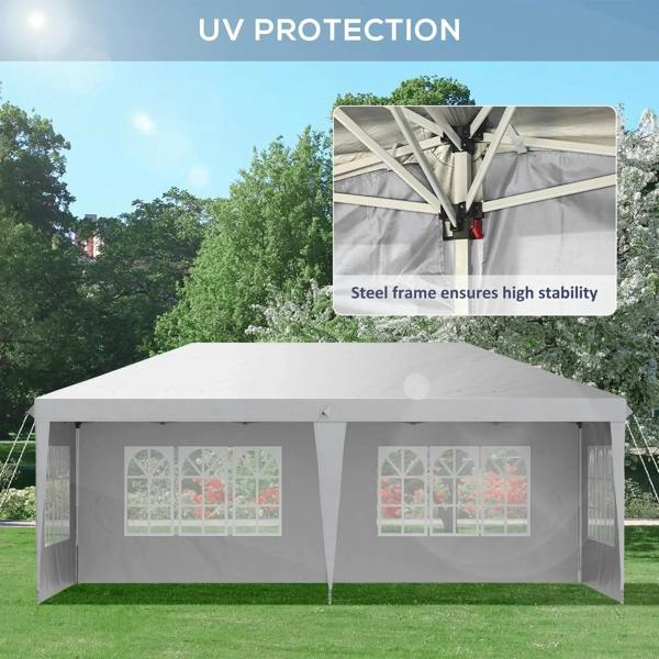 White pop-up party gazebo with steel frame supports and windowed sidewalls