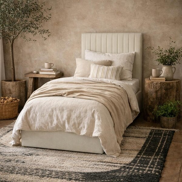 Wyld Haus Dublin Cream Upholstered 3ft Single Ottoman Bed with Tall Ribbed Headboard