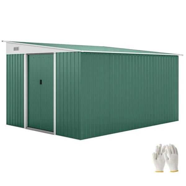 Green metal storage shed with double sliding doors and tall side panels
