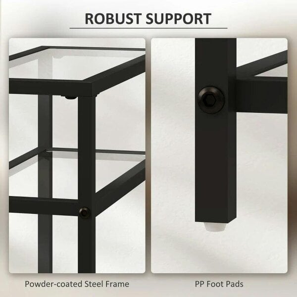3-Tier Side Table, Narrow End Table with Storage Shelf and Tempered Glass Tabletop for Small Spaces, Black