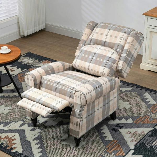Plaid wingback recliner armchair in beige and brown with extended footrest