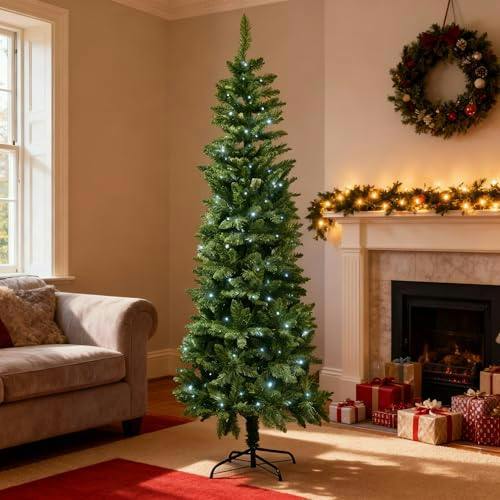 4ft to 8ft Slim Pre-Lit Green Christmas Trees with Cool White LEDs and Metal Base image 6