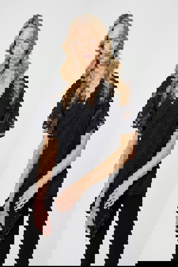 Black| Floral Lace Detail Flared Sleeve Blouse : Model is 5'10"/178 cm and wears UK10/EU38/US6/AUS10