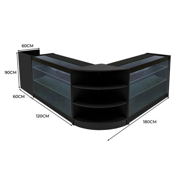 Astro LED Shop Counter Set in black, featuring sleek glass shelves, a modern curved design, and dimensions of 180cm x 90cm x 60cm