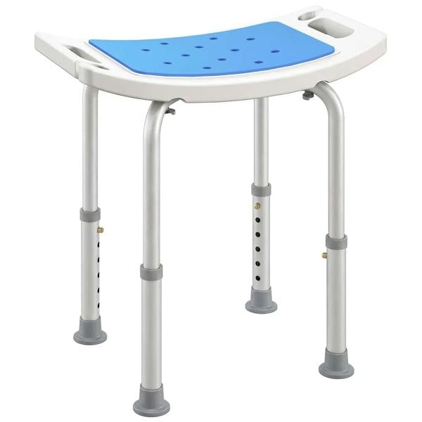 Adjustable-height shower stool with blue perforated seat and aluminum frame, non-slip feet