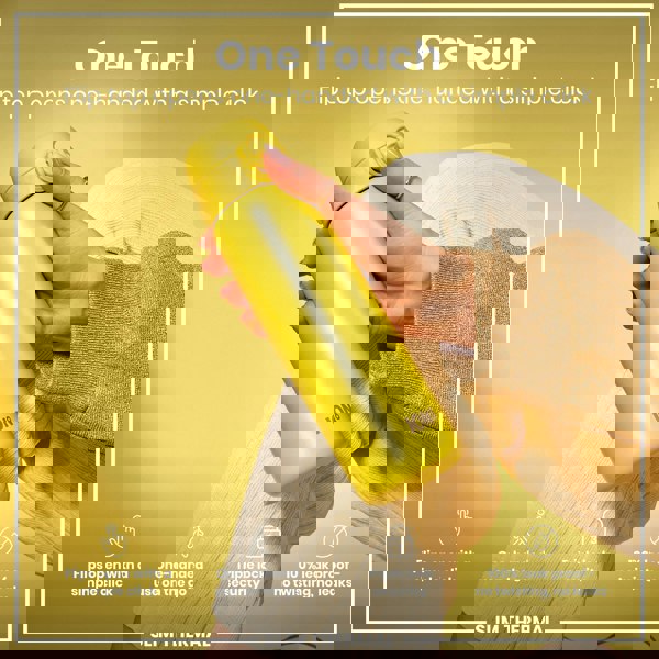 A yellow ION8 water bottle is being held; its flip top opens with a single click. The context is a promotional image against a yellow background.