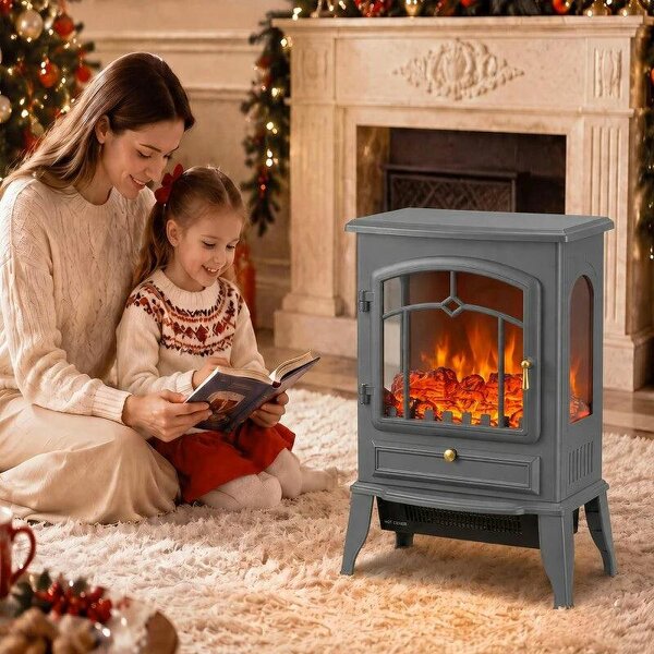 Electric Fireplace Stove, 1000/2000W 3-Sided Freestanding Fireplace Heater with 3D Flame Log, Thermostat, Grey