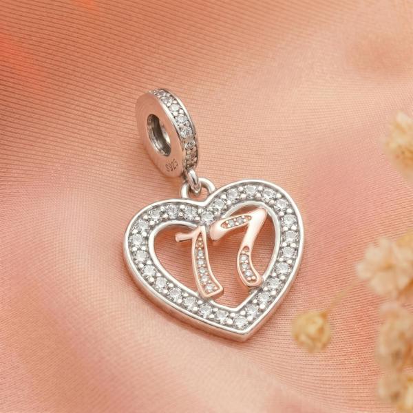Parus Home 17th Birthday Charm Pandora Compatible 925 Sterling Silver Heart, Two Tone Dangle for Daughter