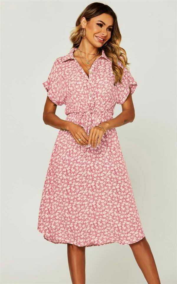 FS Collection Relaxed Floral Print Button Down Midi Shirt Dress In Pink