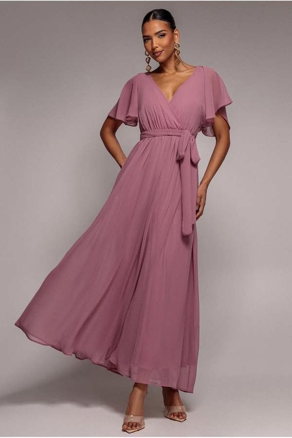 Sustainable Chiffon Flutter Sleeve Wrap Maxi Dress - Lavender DR2486BBS