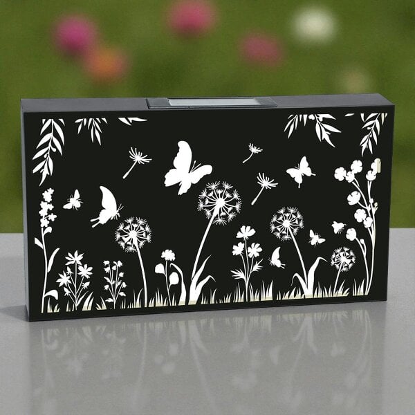 EDH Door Hardware Landscape Solar Wall Panel with Butterfly Outdoor Metal Wall Art with Warm LED Light Weatherproof Garden & Patio Décor