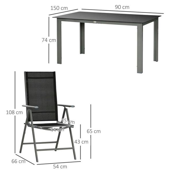 Folding dining chair and rectangular table with dimensions shown; black textilene seat and back