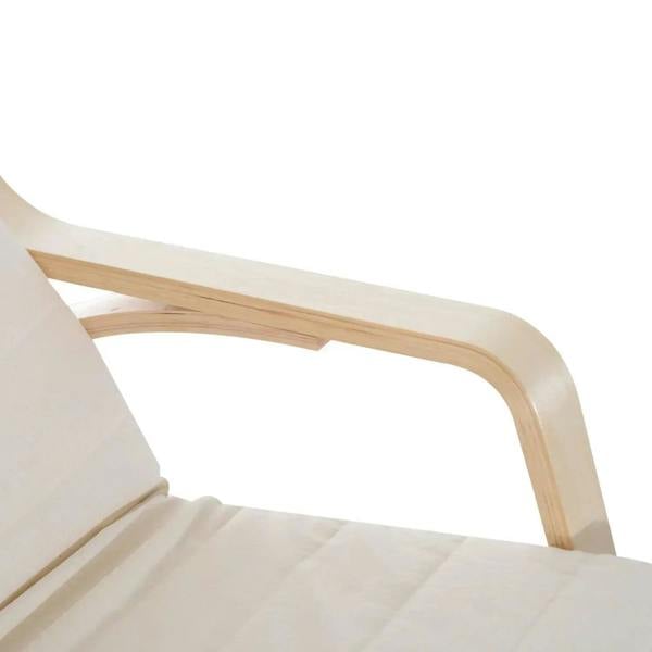 Close-up of cream white rocking lounge chair armrest and light wood frame base
