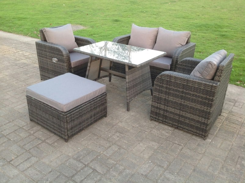 Fimous Rattan Garden Furniture Set Adjustable Chair Sofa Double Love Seat 2 Seater Sofa Rectangular Dining Table Big Footstool