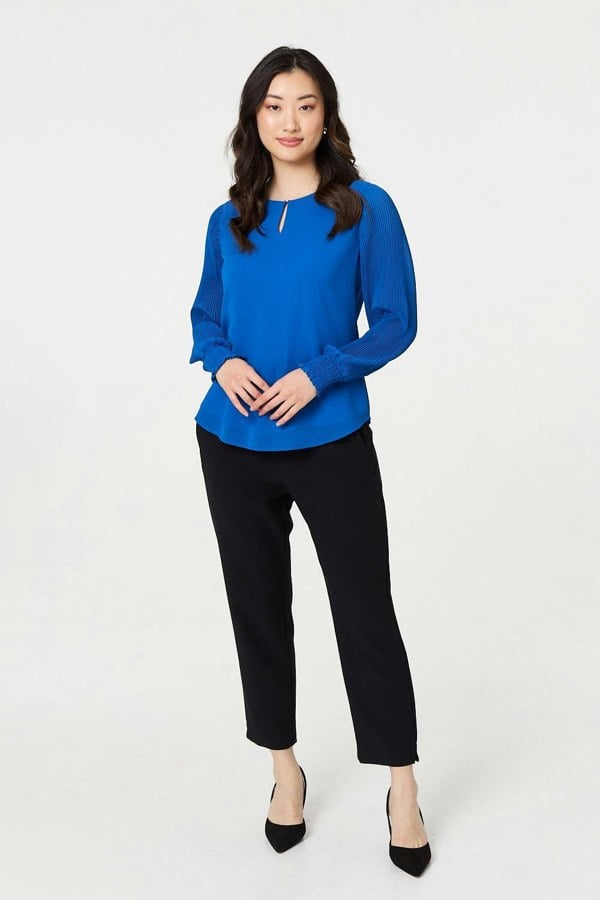 Blue | Keyhole Cut-Out Neck Long Sleeve Blouse
