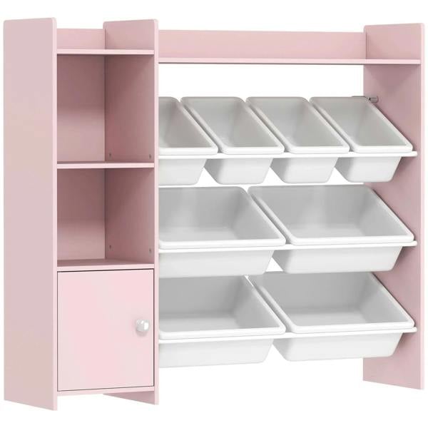 Pink toy storage cabinet with 8 removable bins and open shelving