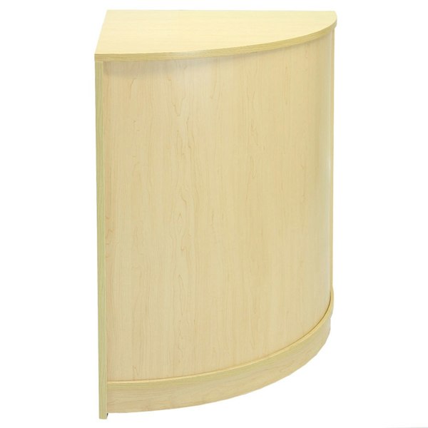 Curved retail shop corner counter in light maple finish, featuring smooth texture and elegant design for optimal space utilization