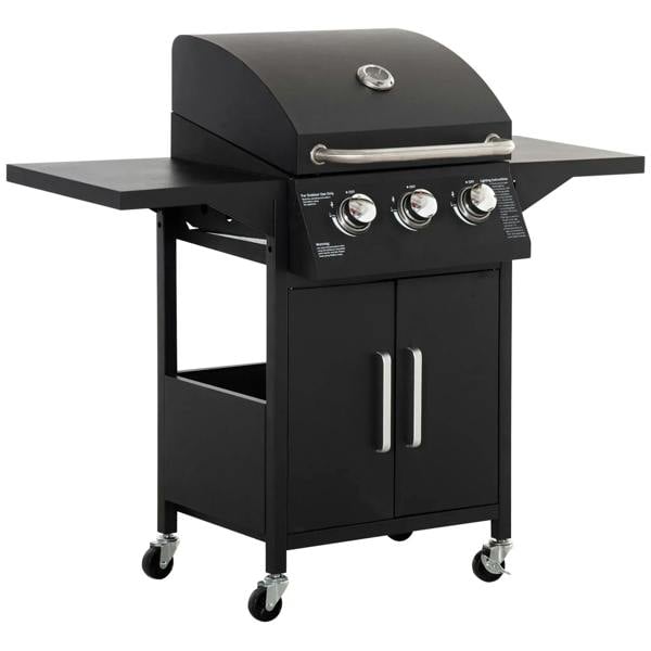 Black 3-burner gas BBQ grill with side shelves, storage cabinet, and thermometer on cart