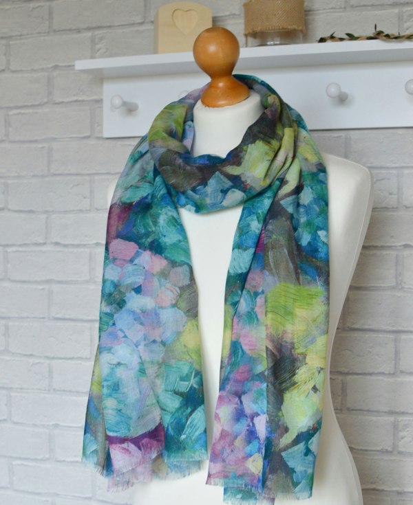 Antonia York Abstract Floral Scarf | Clara Brush Stroke Watercolour Blue Green Turquoise Wrap