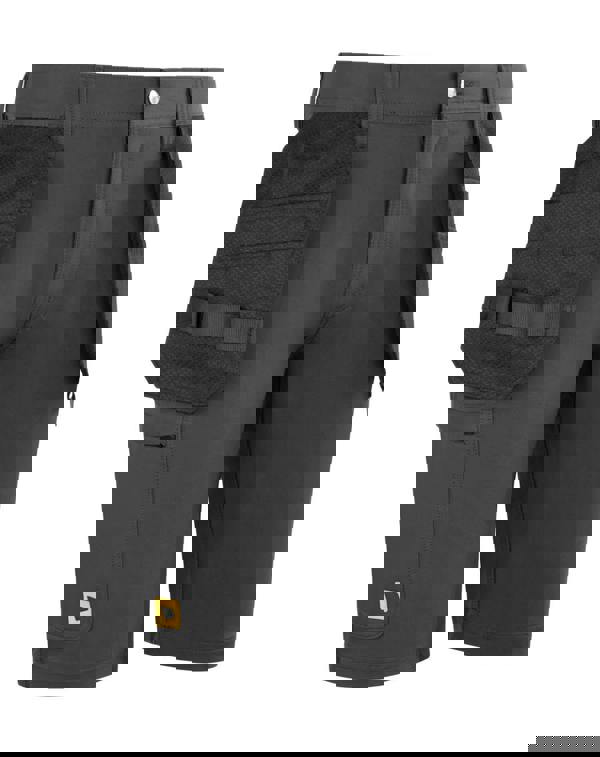 JCB 4-Way Stretch Mens Premium Holster Cargo Work Trade Shorts, black cargo shorts with multiple pockets, including a large side pocket with a pouch and adjustable straps for convenience and durability.