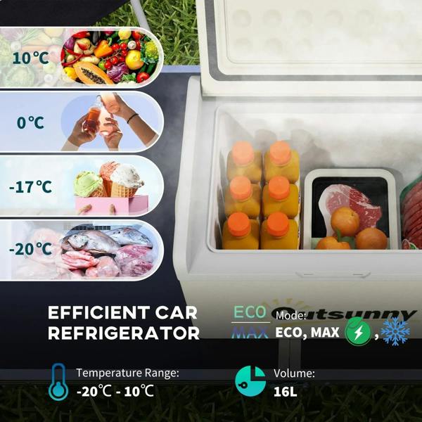 Opened khaki and grey car fridge with visible food containers inside