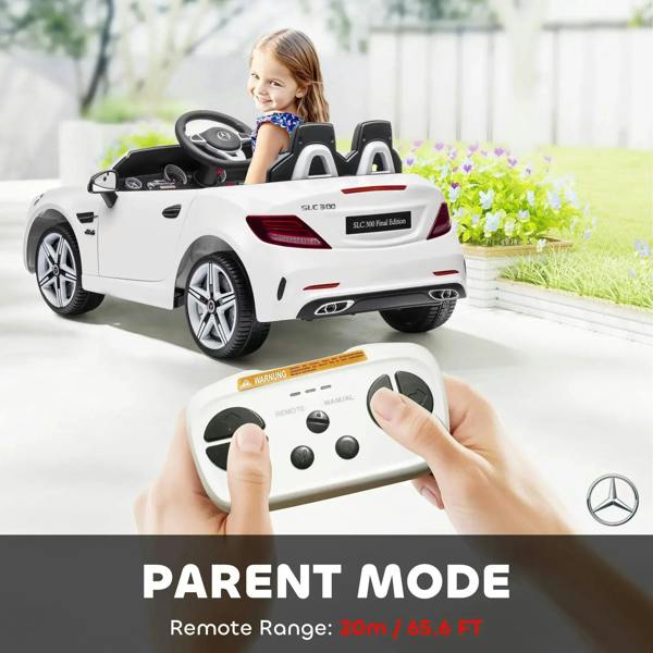 White kids electric ride-on car rear with steering controls and handheld remote control.