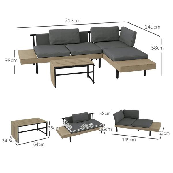 Grey L-shaped outdoor sofa set with four back cushions and extended chaise