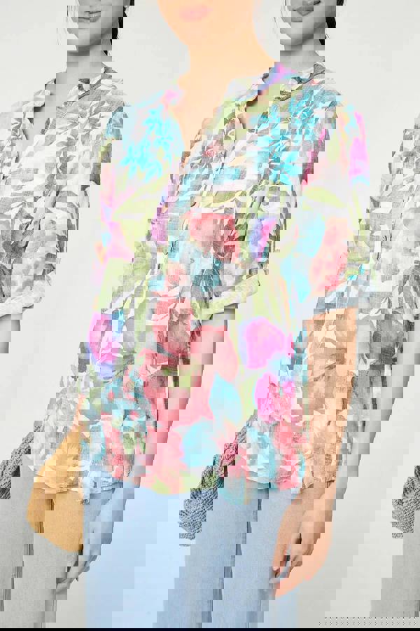 White | Floral Turn-Up Sleeve Relaxed Blouse