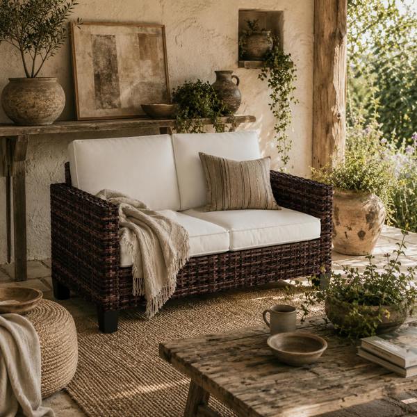 Wyld Haus Palo Brown Rattan 2 Seater Outdoor Sofa With White Cushions