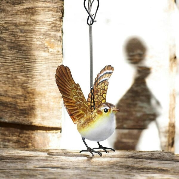 EDH Door Hardware Small Metal Hanging Wren(14cm x 10cm x 10cm) – Handcrafted Weather-Resistant Bird Ornament – Decorative Hanging Robin Sculpture
